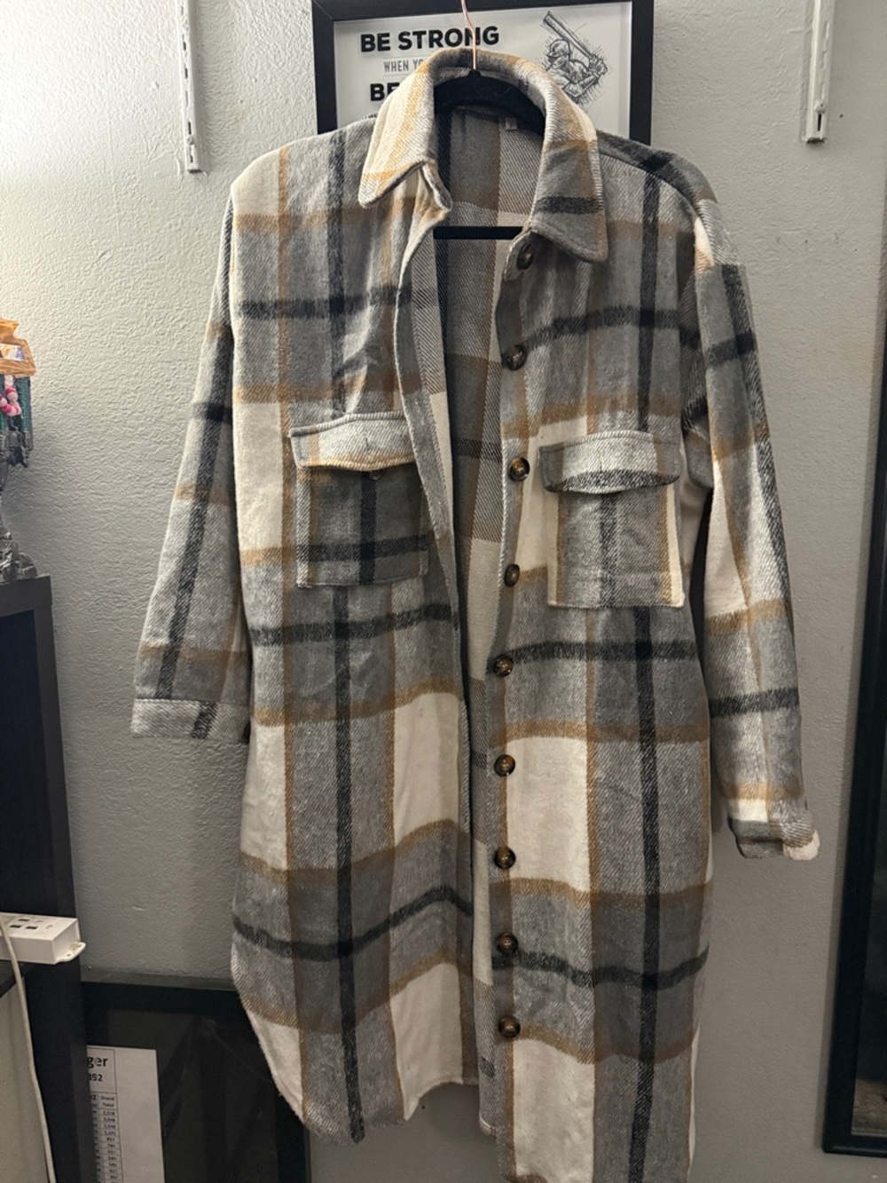 Plaid Button-Front Long Jacket Coat - Gray & Cream